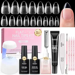 Beetles Gel Nail Kit Flat-X, 320pcs 16 Sizes Nail Tips, 20g Nail Glue Gel Hand-Free,10ml Glue Remover, 7.5ml Base Gel & Top Coat, Mini Lamp, Acrylic Press On Nail, Extension DIY at Home