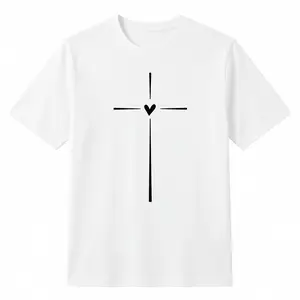 [Cotton] Women'S Cross & Heart Print Round Neck Tee, Graphic Tees Women, Fashion Casual Crew Neck Short Sleeve T-Shirt For Daily Wear, Graphic Tees, Summer Black T-Shirt For Men And Women christian clothing Crewneck Tshirt, Shortsleeve