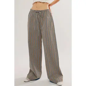 Khaki Stripe Button Pocket Tie Waist Casual Wide Leg Pants
