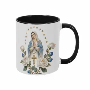 Virgin Mary Mug (11oz/15oz) Holy Cross and White Rose Floral Art Print Inspirational Ceramic Coffee Cup Durable Glossy Finish Perfect for Home Prayer Room Church Gift Spiritual Decor