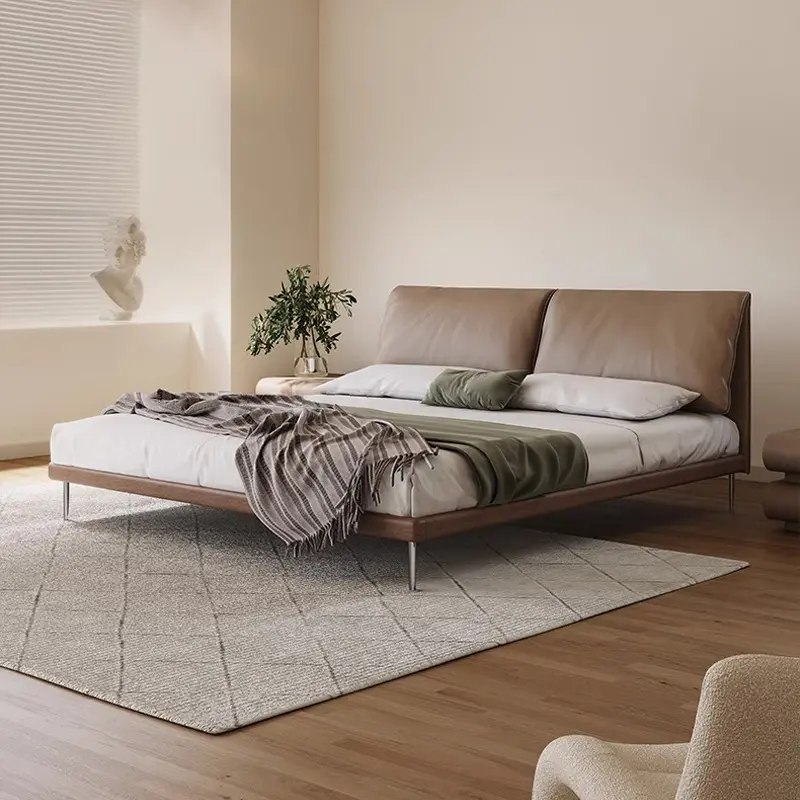 Modern Leather Upholstered Platform Bed Frame, Double‑Pillow Soft Headboard Bed With Metal Support Legs, Minimalist Low‑Profile Wooden Bed Frame For Master Bedroom