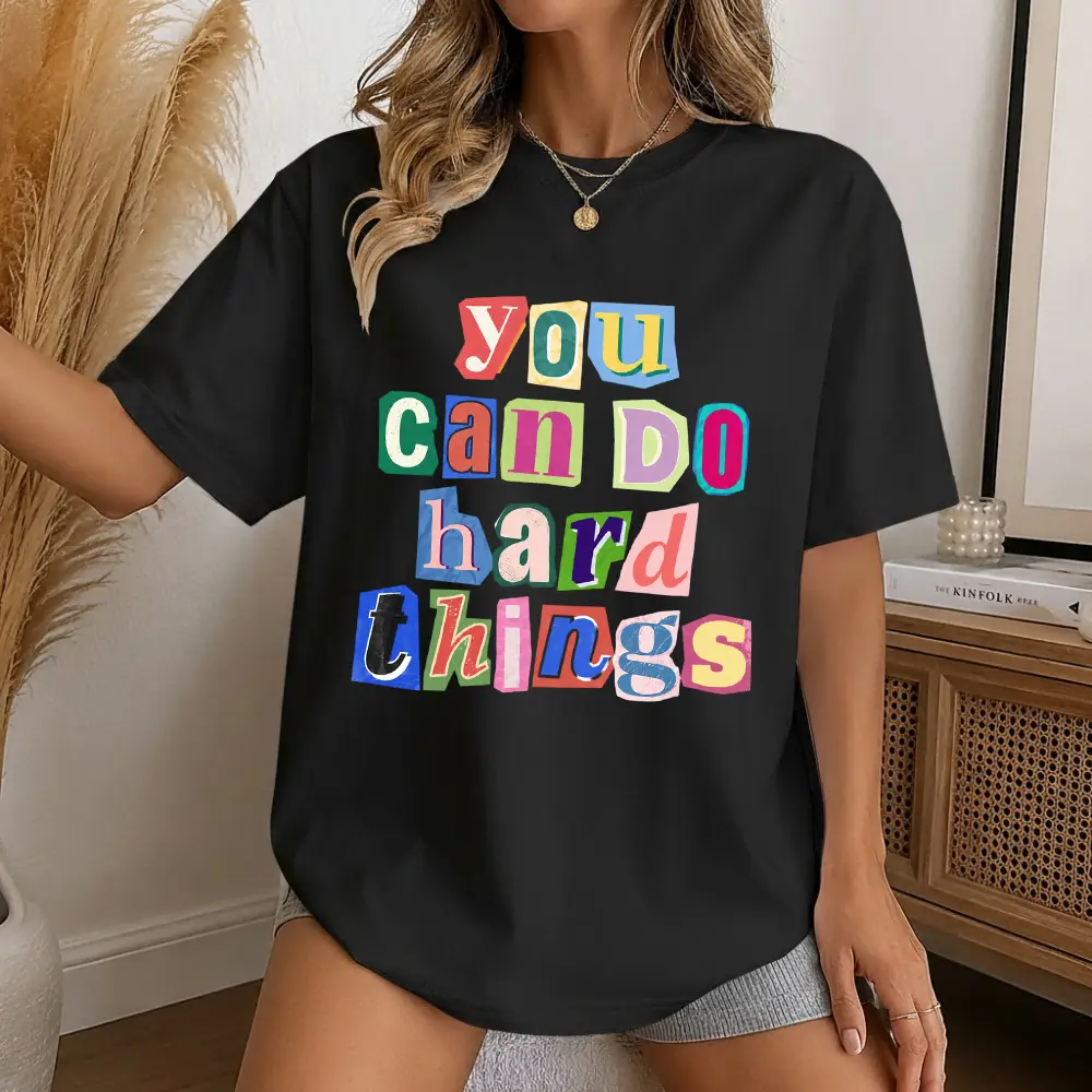 Inspirational Positive Graphic Tee For Women You Can Do Hard Things Color Cutout Letter Print Short Sleeve Cotton Oversized Tshirt Casual School Classroom Everyday Top