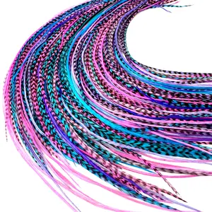 Real Rooster Feathers 21 Purple Pink and Turquoise 9”-14” Long - 20 Micro-link Beads - 100% Real Hair Extension DIY Kit