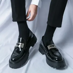 Men's British-Inspired Black Leather Loafers - Chunky Sole Slip-On Dress Shoes for Business Formal, Street Style & Groom Wedding Occasions (Bold Toe Design) Flat Footwear Teens