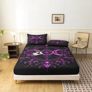 3pcs Set Purple Crescent Moon Symbol Fitted Sheet, Bed Sheet Sets, Swirl Vine Celestial Pattern Bedding Ideal for Bedroom Family Decor (1 Fitted Sheet + 2 Pillowcases No Comforter No Pillow)