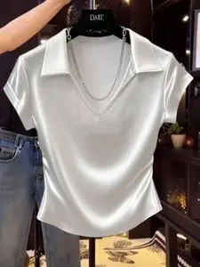 Women's Casual Minimalist Basic Fitted Polo Shirt, Satin Short Sleeve Top, Plain Pattern, Daily Wear, Comfortable and Stylish Ladies' Clothing