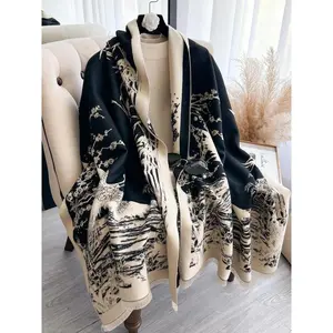 Women's Landscape Print Double Sided Thick Shawl, Casual Soft Warm Long Scarf for Fall & Winter, Fashion Accessories for Women & Girls