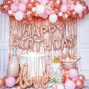 Rose  Birthday Decorations for Women Pink Balloon Arch Garland Kit Girl Princess Happy Party Supplies Banner Curtains Backdrop Decor