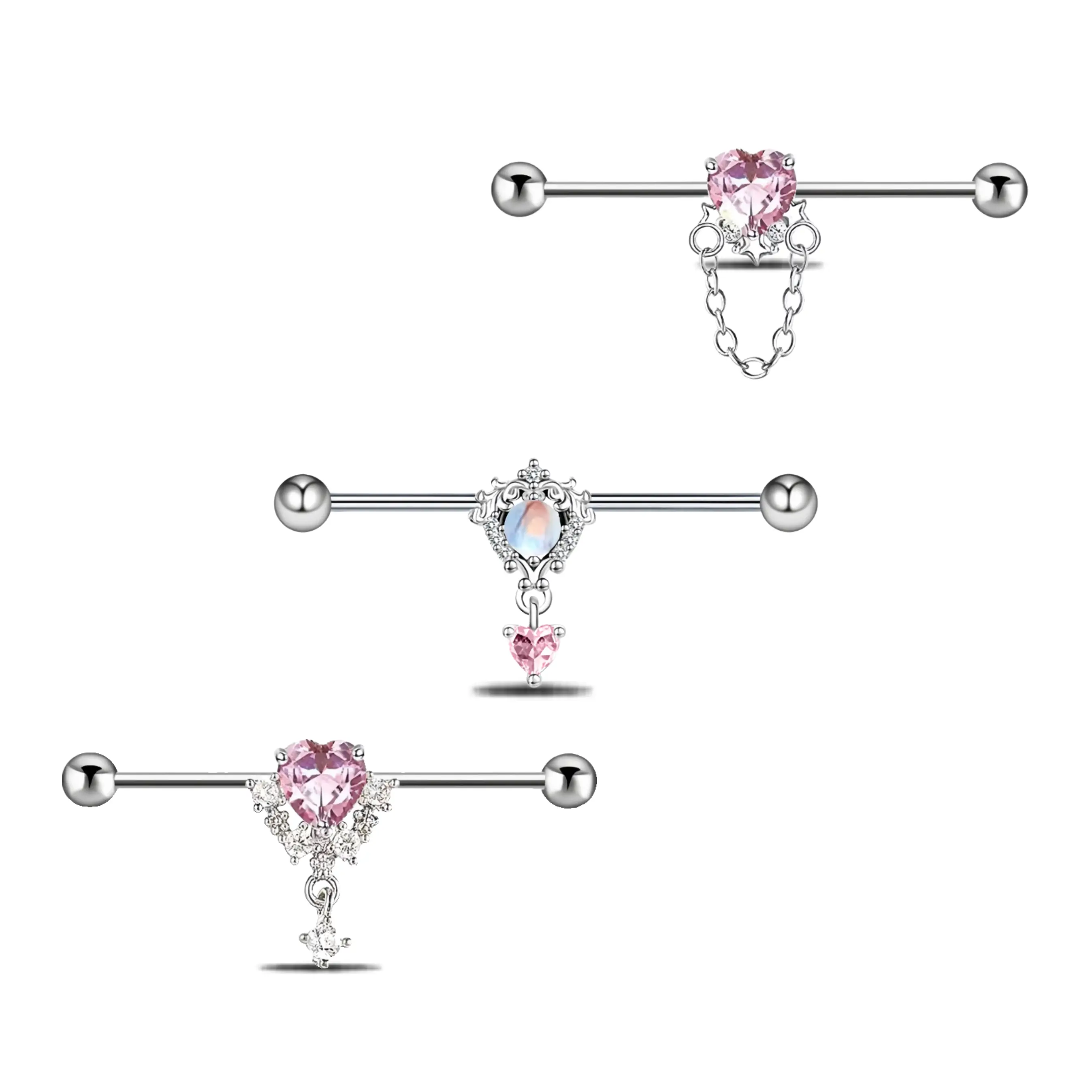 HERVAY 14G/38MM Ear Industrial Barbell - Red Stone Wings Pink Heart & White Crown Embellished Unisex Stainless Steel Piercing Jewelry