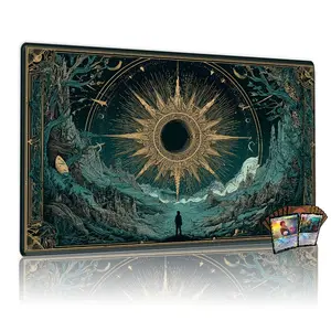 TCG, MTG, CCG RPG trading card game MATS, mystical golden sunburst over dark fantasy mountains, lone figure gazing, 14×24 inches, anti-slip, washable, tabletop playmat, desk decor, Gaming Mouse Pads