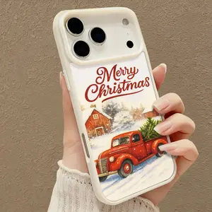 Christmas Red Truck Tree Carrying Snow Scene Pattern Magnetic Phone Case Supports Wireless Charging for iPhone 17 Air 16 15 14 Pro Max 13 12 11 XR XS Plus E Shockproof Non Slip Protection Silicone Transparent Acrylic Cover Aesthetic Durable Vintage Black