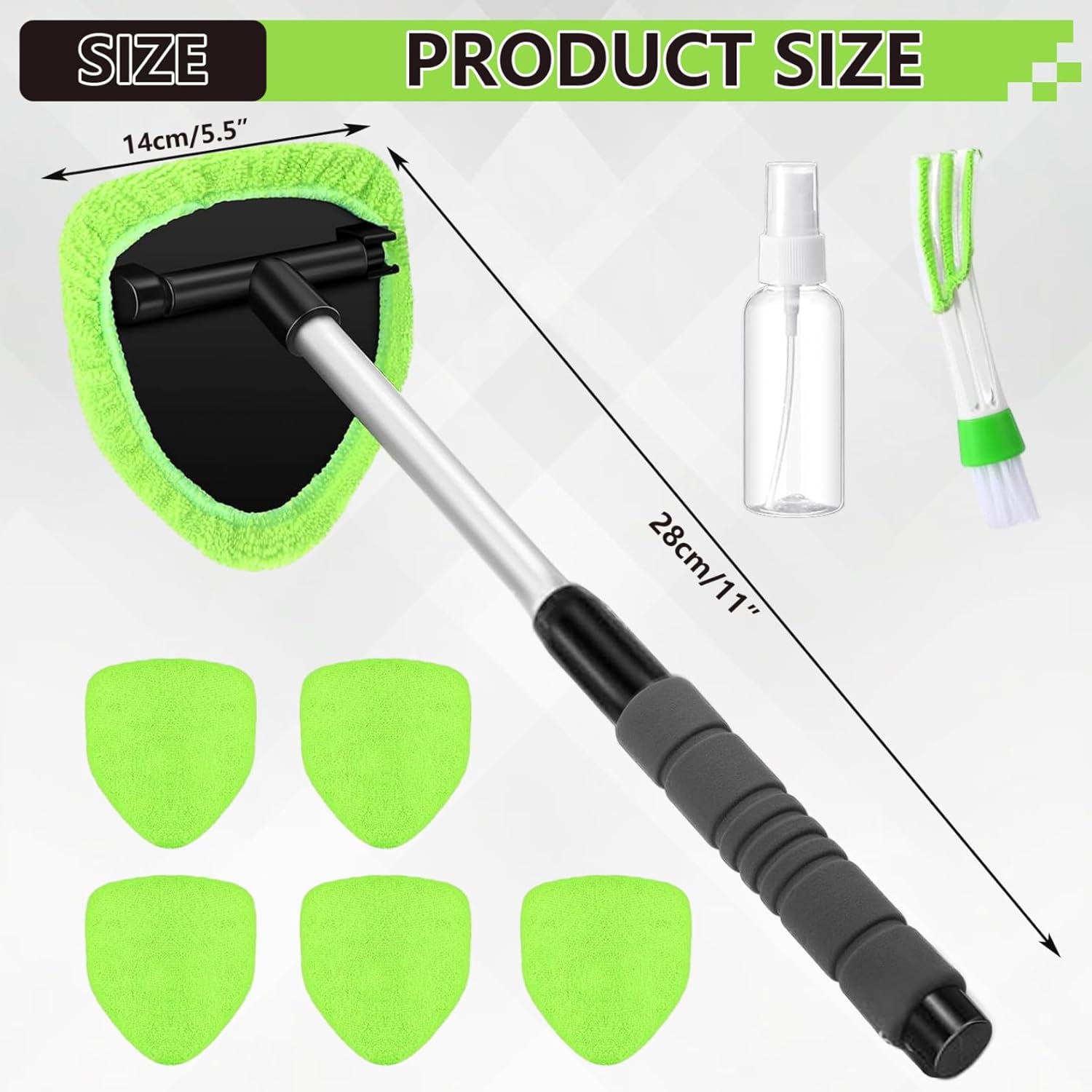 Windshield Cleaner Tool, Car Interior Window Detailing Cleaning Kit with Extendable Handle and 5 Easy-to-Install Reusable Microfiber Pads, Auto Glass Wiper Brush Kit for Car&Home, green, 21in
