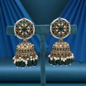 Bead and faux pearl jhumki gold plated