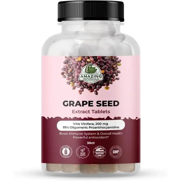 Amazing Botanicals Grape Seed Extract Tablets - 30 Count, 200mg High-Potency 95% Proanthocyanidins, Chemical-Free Natural Anti-Oxidants, Lab-Tested Dietary Supplement for Immunity Boost