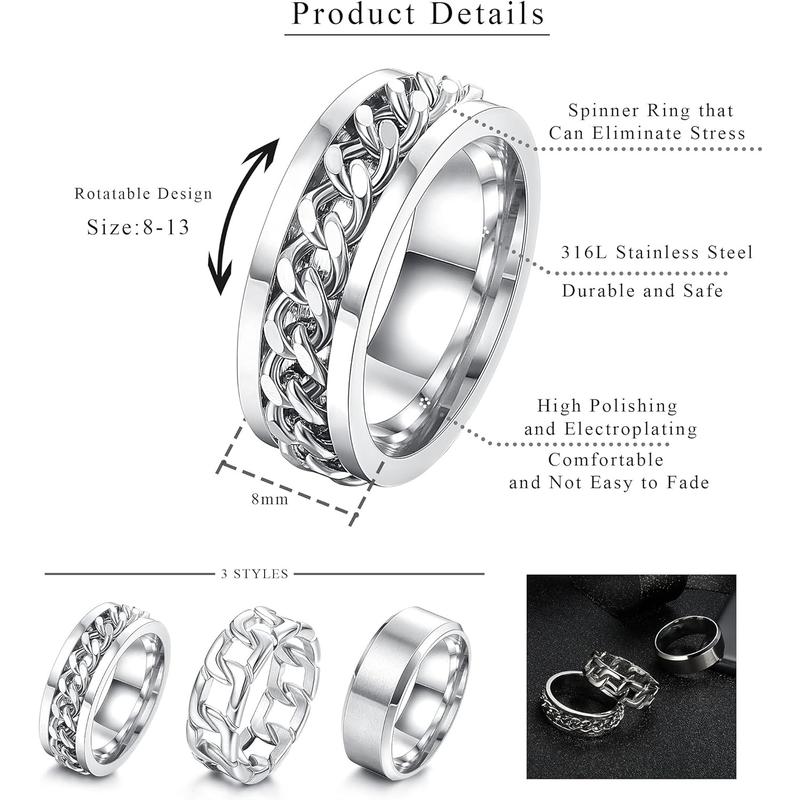 Jstyle Mens Rings 3count Rings for Men Women Stainless Steel Plain Band Ring Cuban Link Chain Rings Spinner Ring Men's Promise Wedding Rings Set,Size 6-14