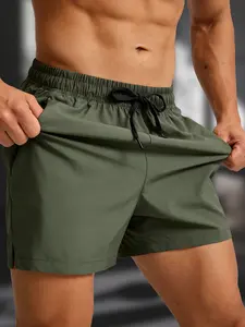 Men's Athletic Running Shorts, 95% Polyester 5% Spandex, Solid Color, Slight Stretch, Pocket Detail, Woven Fabric, Summer Gym Shorts, Solid Sports Shorts, Workout Running Shorts
