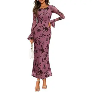 ZESICA Women's 2026 Bell Long Sleeve Floral Maxi Dress Spring Fashion Bodycon Mesh Wedding Guest Cocktail Party Dresses