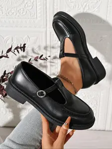 Women's Vintage Mary Jane Shoes, Deep Leather, Thick Sole Design, Buckle Decoration, Round Toe, British Style, Winter Fashion