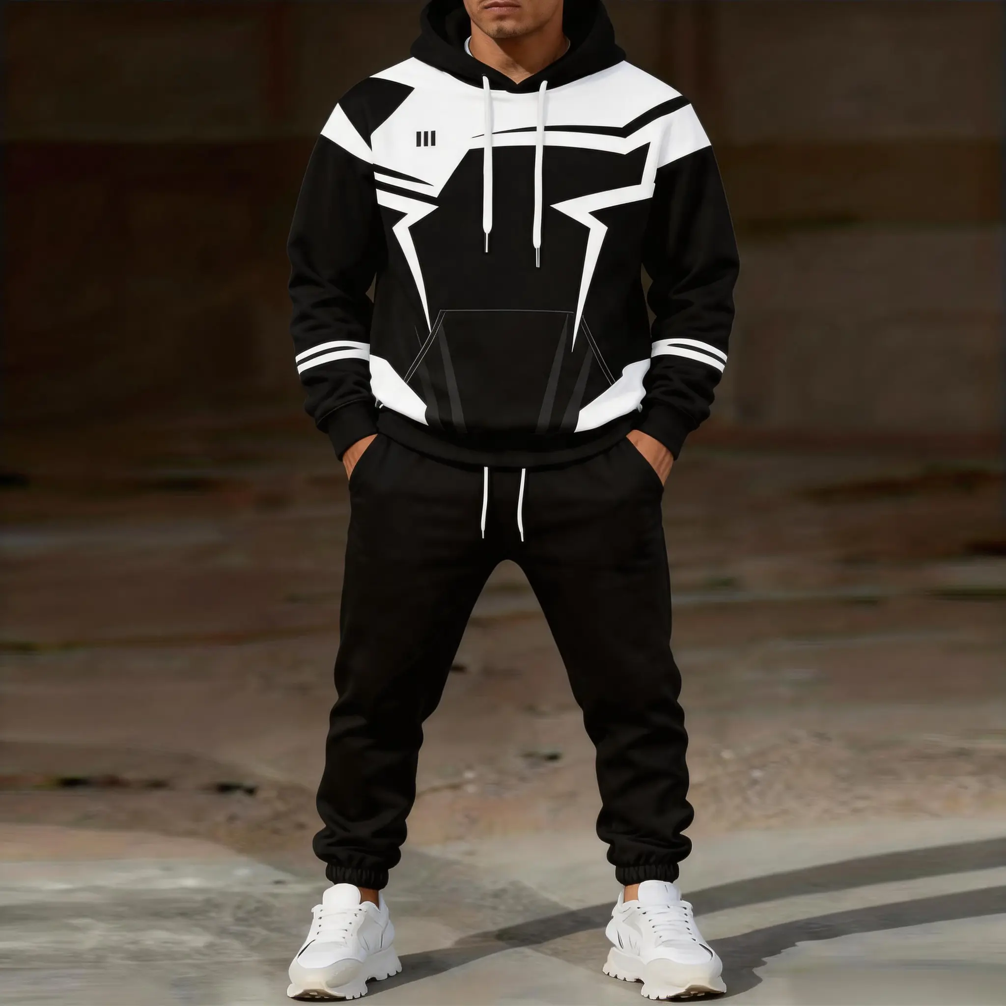 Men's 2-Piece Color Block Tracksuit Set - Oversized Polyester Pullover Hoodie & Drawstring Jogger Pants, Casual Hip Hop Streetwear Clothes with Print (Black White), Geometric Lines