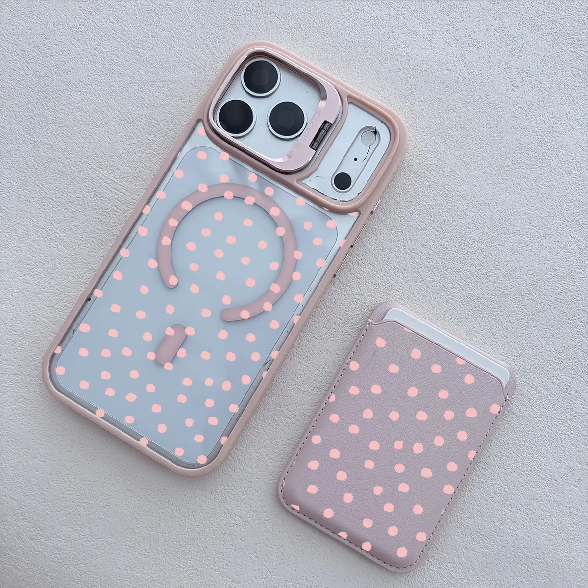 Pink Polka Dot MagSafe-Compatible Clear Smartphone Case with Magnetic Card Holder Wallet, Shockproof Cellphone Protector Cover for iPhone 17/16 Pro Max, Phone Accessories Bundle with Screen Protector