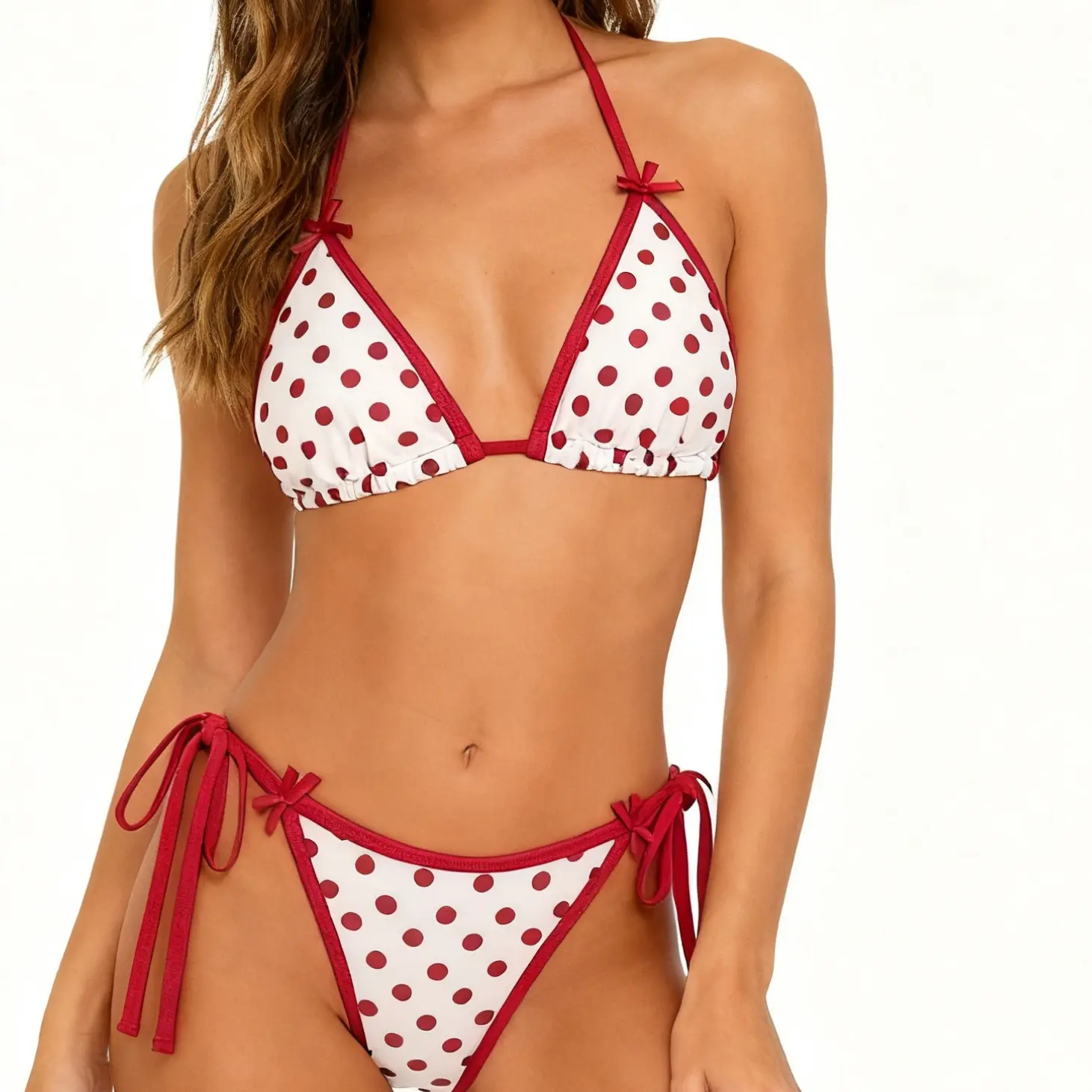 SEAMOLY Women's Retro Polka Dot Halter 2-Piece Bikini Set - Tie Side Cheeky Brazilian Bottoms, Contrast Piping, Bow Accent, Figure-Flattering Beach Swimwear, Outfit Variant