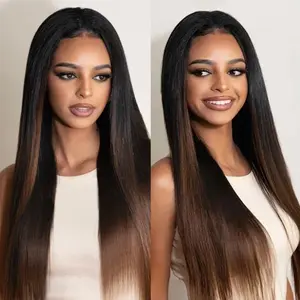 OQ HAIR Yaki Straight V Part Wigs Black to Chestnut Brown Ombre Color Clip in No Sew in No Glue Human Hair Wig With Invisi Drawstring