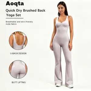 Aoqta Women's Knitted Casual Sports Jumpsuit - Sexy U-Neck, Backless, Waist-Cinch, Butt-Lifting, Slim-Fit, Flared-Leg Bodysuit for Yoga, Gym, Daily Wear