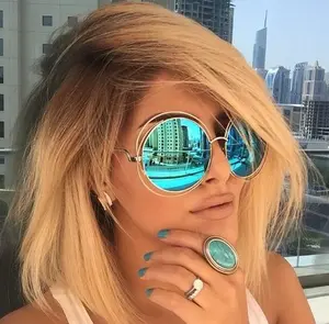 OVERSIZED "Carlina" Round Women MIRROR Metal Halo Sunglasses Shadz GAFAS TURQUOISE AQUA BLUE LENSES MIRROR Mirrored Shades