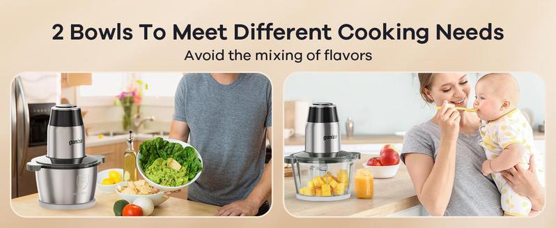 New Year gift Food Processor with 8 Cup Glass Bowls & 8 Cup Stainless Steel 2-Speed Food Chopper Meat Grinder  , Upgraded Button & Smart Overheat Protection Light - Includes Clean Brush, 2 Sets of Blades