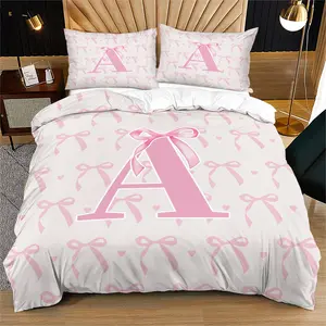 Pink bow letter printed soft and durable bedding duvet cover set, including 1 duvet cover and 1 or 2 pillowcases, without a core or pillow, suitable for teenagers and adults as gifts, modern style fashionable bedroom bed decoration