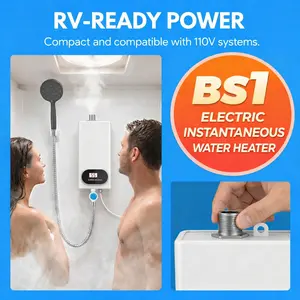 3500W Electric Tankless Water Heater Shower Head Set with LCD Display Instant Hot Water Easy Install for Bathrooms Kitchens and RVs White Stainless Steel Household Appliances