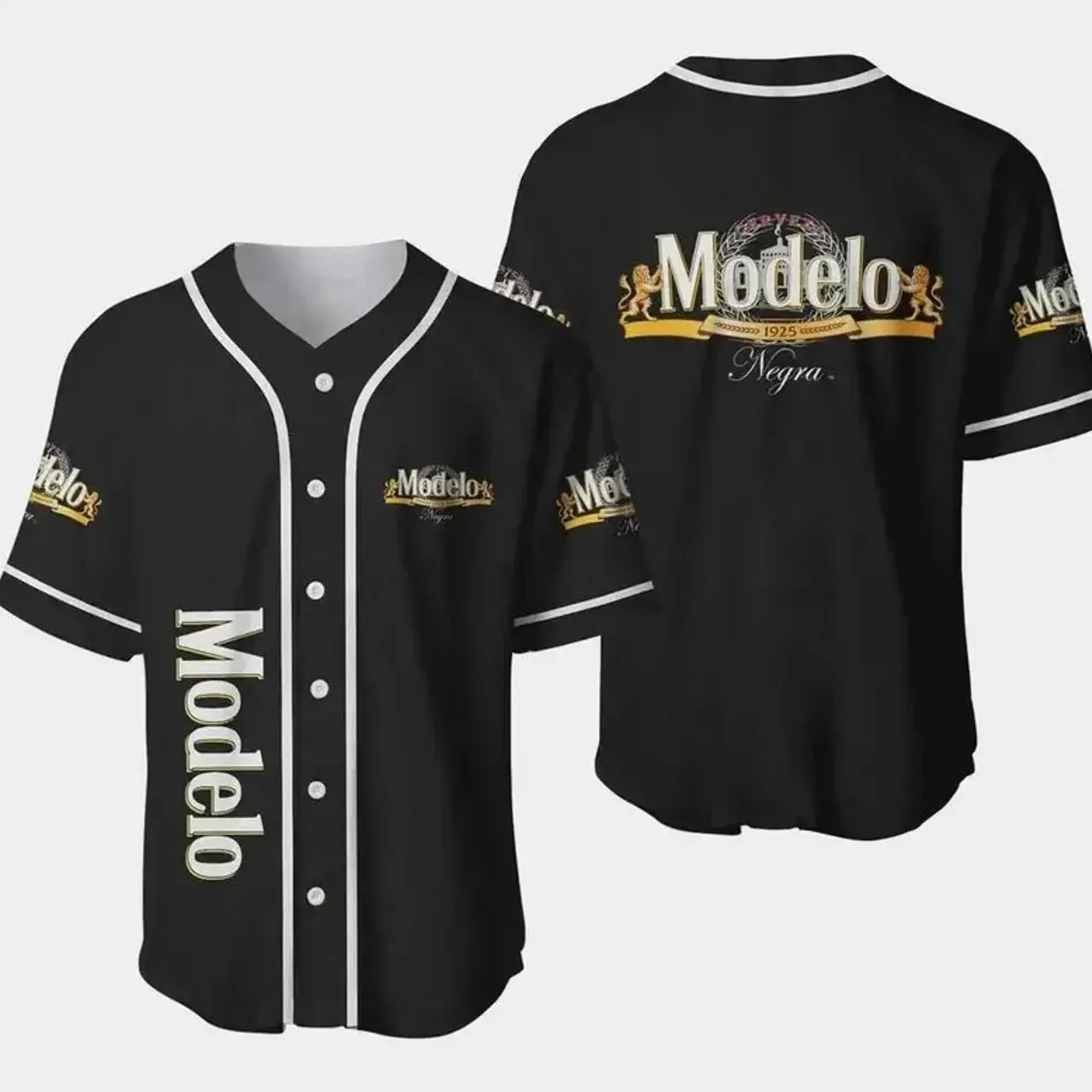 Modelo Negra Beer Baseball Jersey Unisex Oversized Black Gold Lion Crest 1925 Vintage Streetwear Summer Casual Comfort Button-Down Shirt Beer Lover Men Women