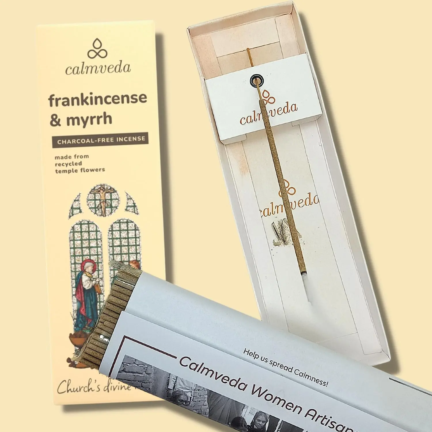 Calmveda Church Frankincense and Myrrh Incense - 80 Sticks, Charcoal Free, Handmade from Upcycled Flowers, Spiritual Healing Incense
