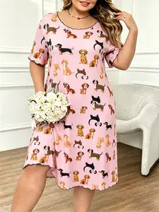 Women's Plus Size Bear Cat Dog Print Sleepwear, Casual Comfort Round Neck Short Sleeve Pajamas, Summer Home Wear, Large Women's Casual Dress Elegant Shortsleeve Long Dress For Summer, Lady Sleepwear For Indoor Wear, All Over Print Nightgowns for girl