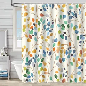 Waterproof Shower Curtain for Bathroom, Colorful Floral Leaves Curtain Bathroom Decoration with 12 Pcs Curtain Hook, 72 x 72 Inch