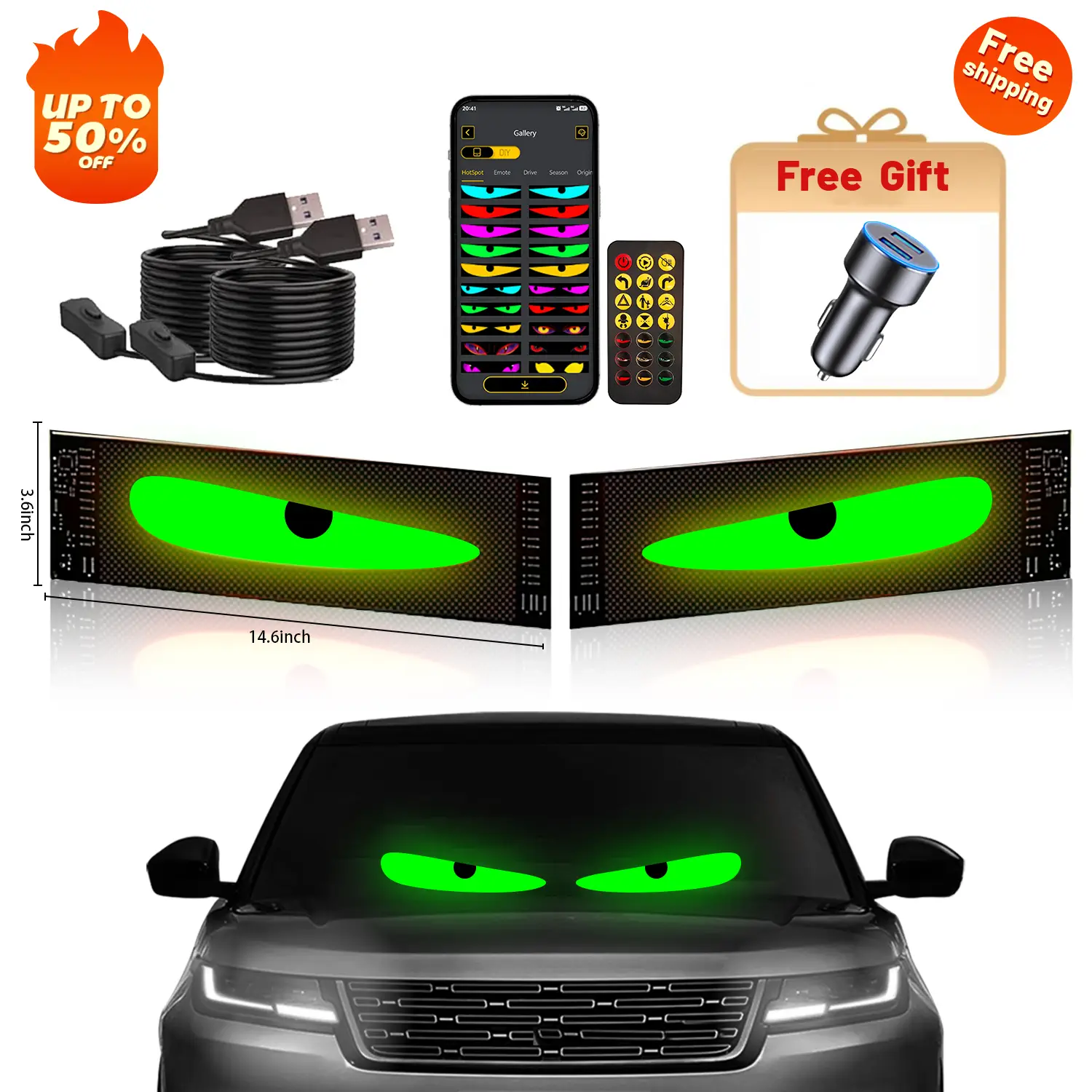 Eyes LED for Car, Devil eyes For vehicle - Smart Windshield & Headlight Kit: Bluetooth App Control, Pre-made Animations & Customizable Text Display Da