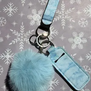 Winter-themed Keychain with Blue Fuzzy Pom and Tie-dye Strap