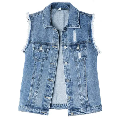 Ebossy Women's Fitted Bright Color Sleeveless Cotton Blend Denim Jean Vest - Basic, Street Style, Distressed Armhole, Button-Flap Chest Pockets, Casual Top, Do Not Bleach