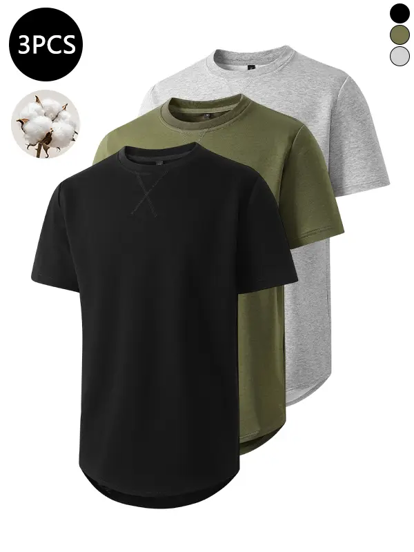 3-pack men’s T-shirts with curved hem, loose fit, cotton blend, moisture-wicking and four-way stretch; breathable casual loose-fit T-shirts suitable for workouts and everyday wear.