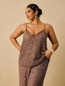 Plus Size Women Contrast Lace Loose Sexy Fashion Sequin Top