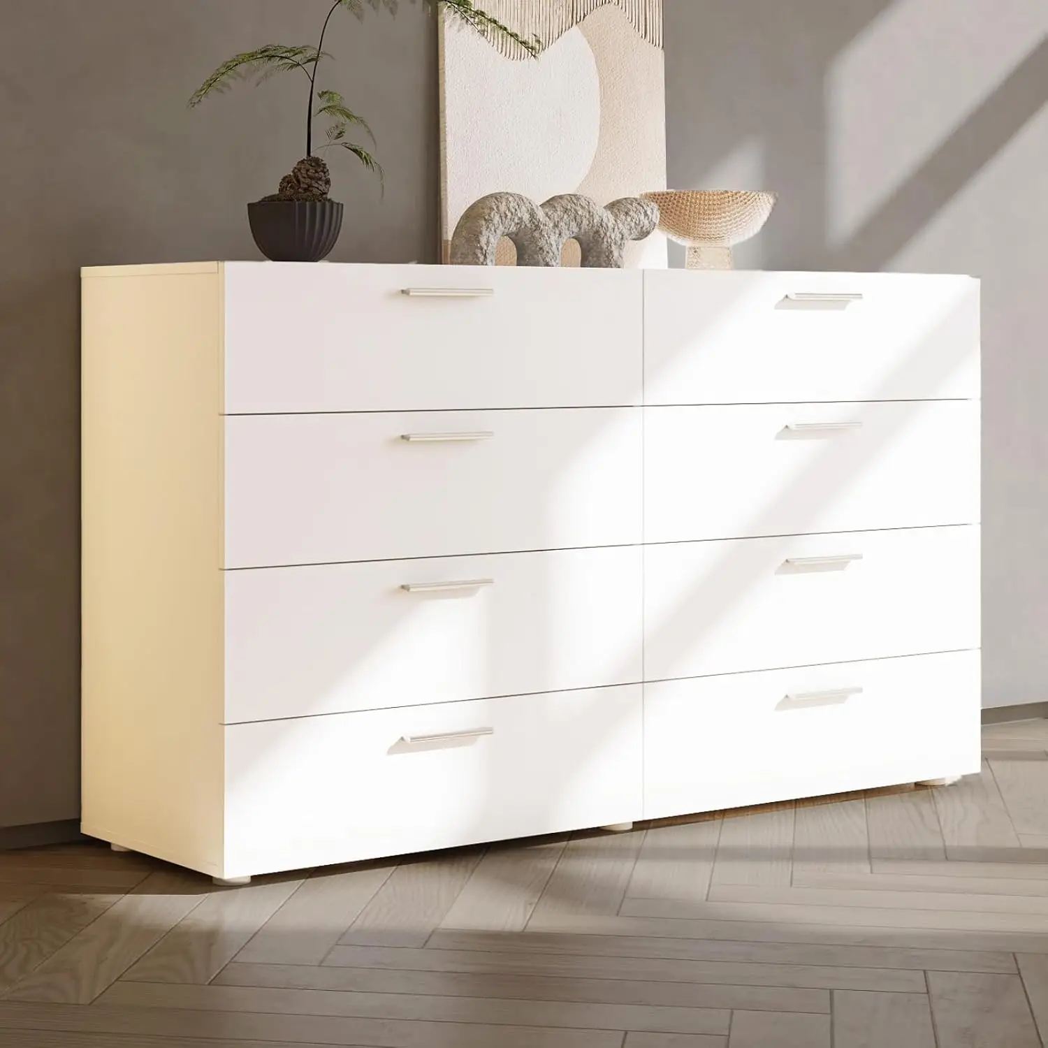 Karl home White Dresser for Bedroom, Wood 8 Drawer Dresser Chest of Drawers, 55 Inch Dresser Bedroom Furniture, Large Dresser Storage Chest with Deep