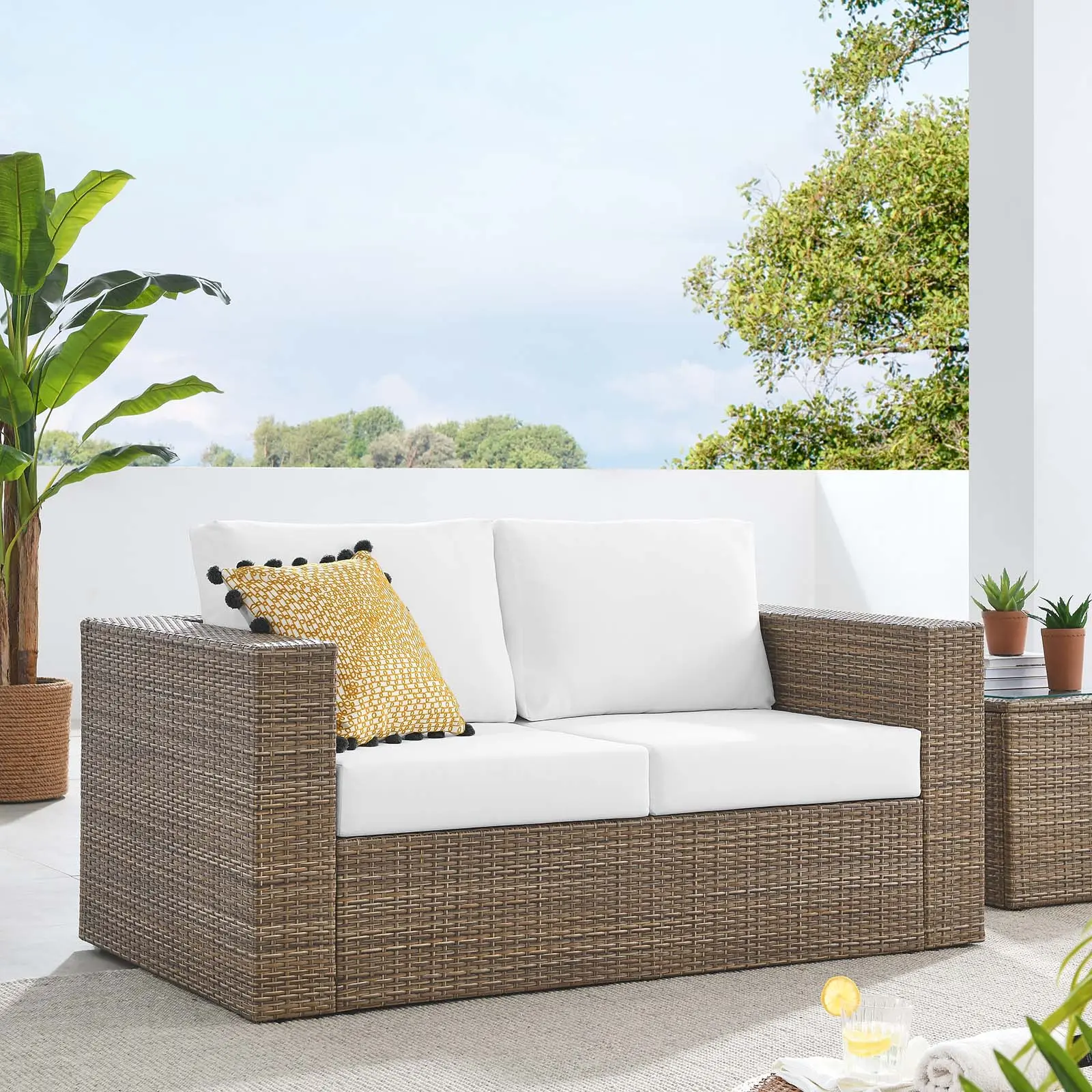Modway Outdoor Wicker Sofa Loveseat - Cappuccino White Synthetic Rattan Patio Furniture Piece, Poolside Use, With Cushion, Easy Setup, Modern