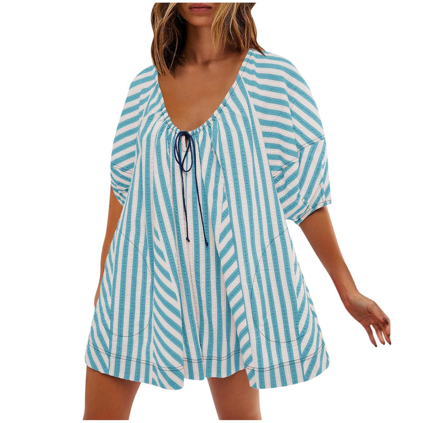 Women's Striped V-Neck Romper, Casual Loose Tie Front Wide Leg Short Jumpsuit, Flowy Summer Vacation Outfit