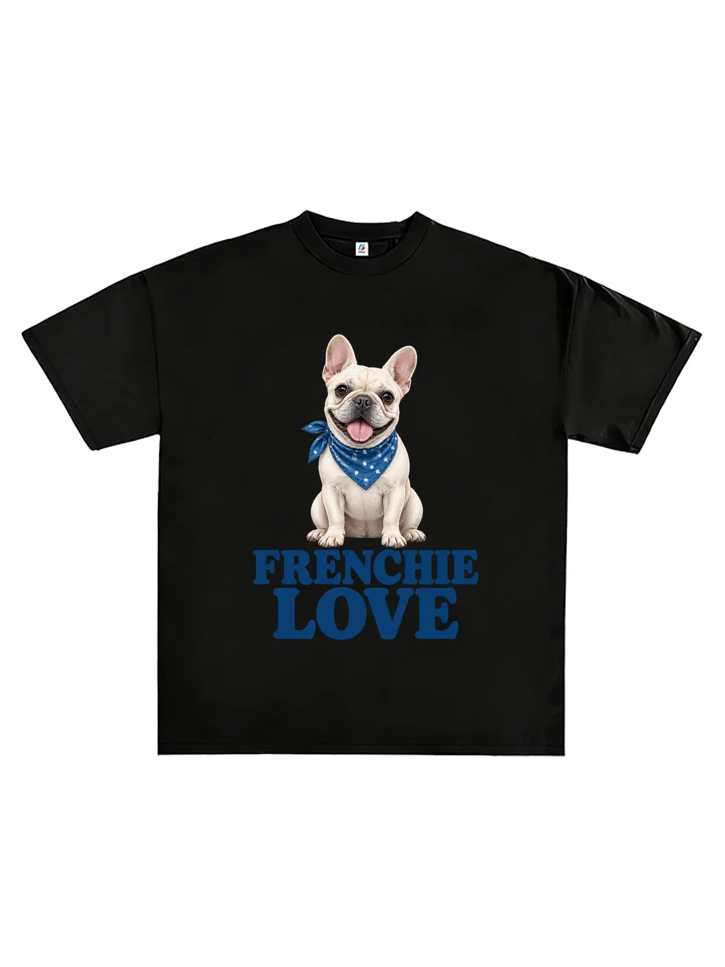 Frenchie Love Graphic T‑Shirt, Cute French Bulldog With Blue Bandana Print Crewneck Tee, Unisex Oversized Cotton Casual Streetwear Shirt, Dog Pet Lovers Tops Gifts for Men Women