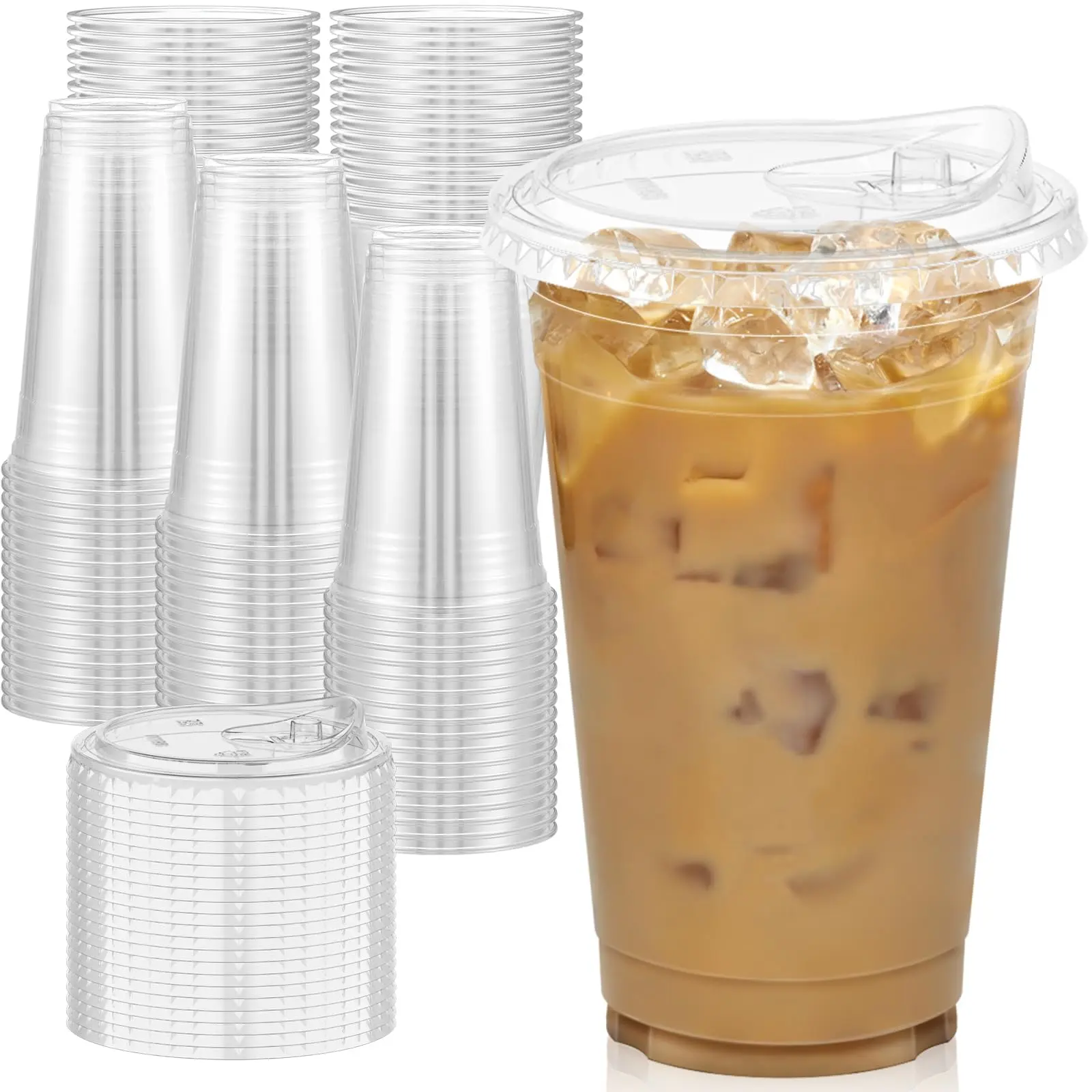 24 oz Iced Coffee Cups with Lids, Transparent Plastic Disposable Cups, No-Straw Reusable Design for Parties, Weddings, Events, Drinks