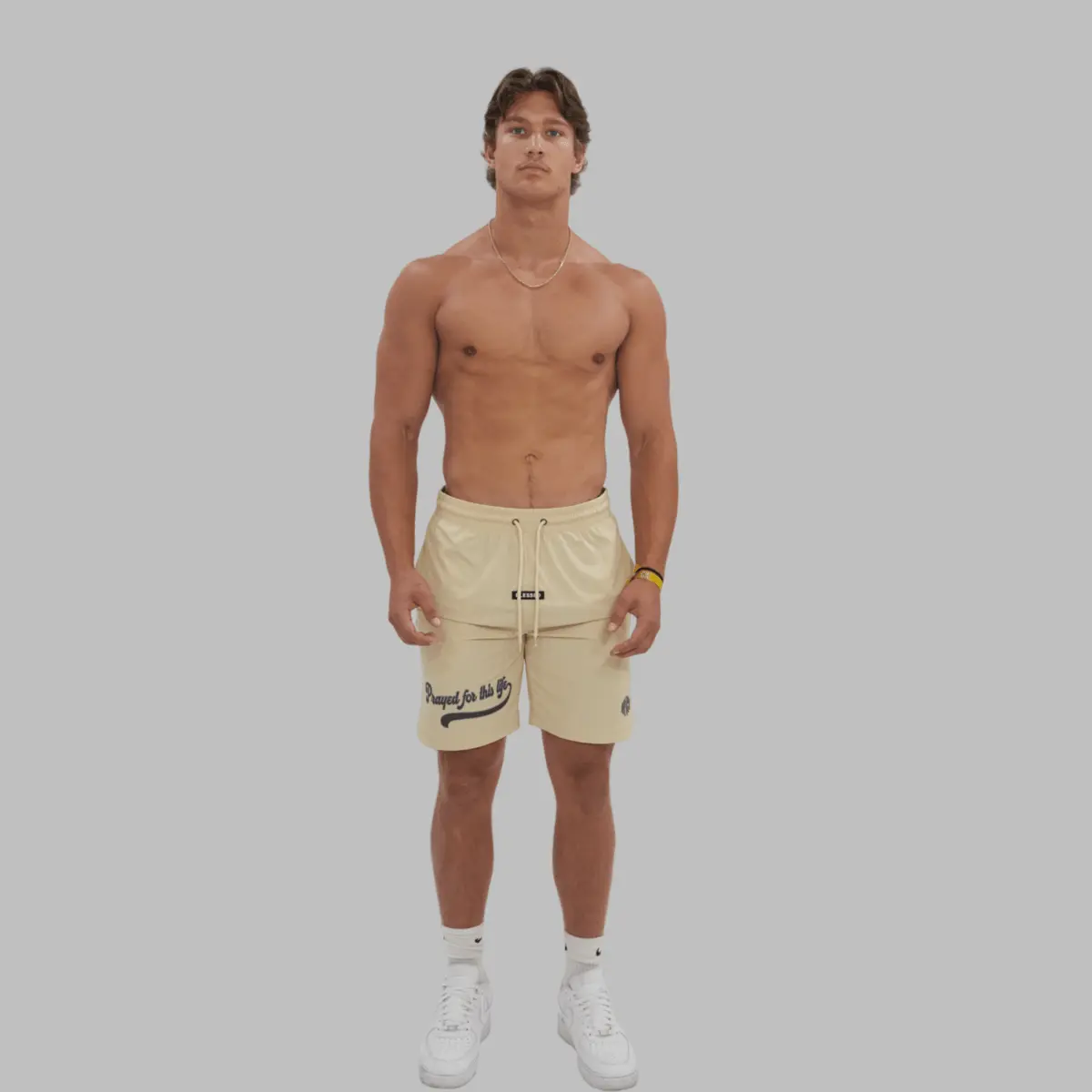 Makadsa's 100% Polyester "Prayed For This Life" "Blessed" Activewear Unisex Rubber Print Rubber Patch Rubber Label 7 in Inseam Charcoal Gray and Light Tan Shorts
