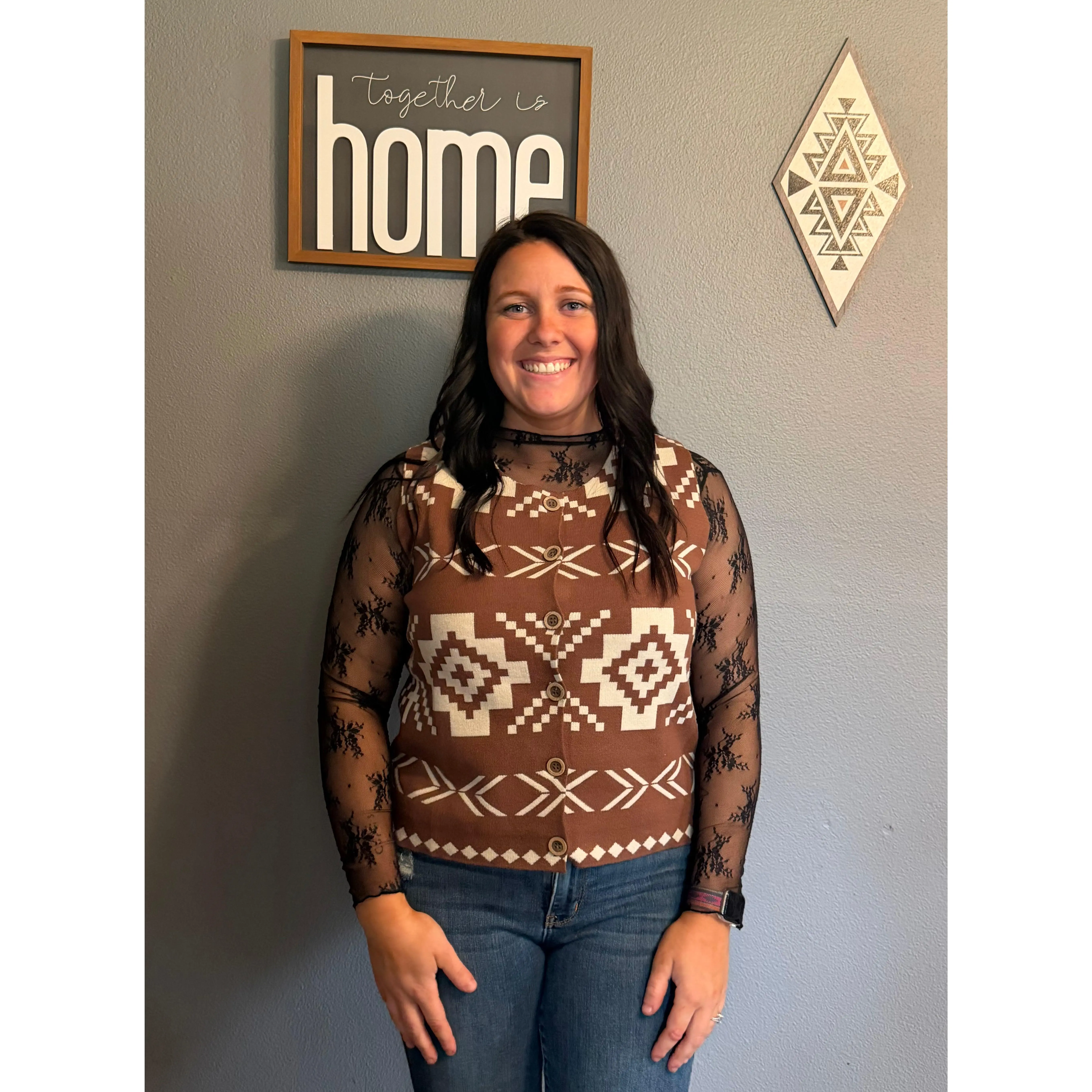 Western Aztec Button Square Neck Sweater Vest