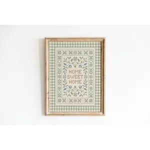 Home Sweet Home Art Print Green Gingham Cottagecore Wall Art, Farmhouse Kitchen Decor