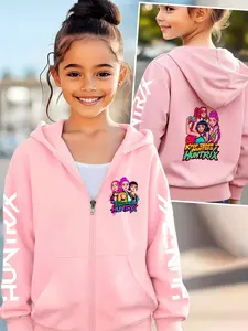 Girls Kpop Demon Hunters Korean Series Hoodie Jacket, Graphic Casual Hoodie, Creative Anime Print Casual Zipper Pullover, Fall Winter Fashion Kids Clothing