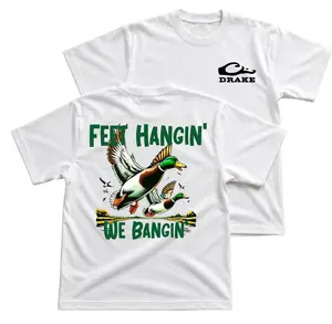 Drake Mallard Duck Hunting T-Shirt, Feet Hangin We Bangin Graphic Tee With Flying Waterfowl Back Print, Front Chest Drake Logo Shirt, Funny Marsh Hunting Outfit, Vintage Outdoor Apparel Gift for Duck Hunters and Men Women